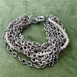 Vintage Multi Chain Silver Tone Pearl Bolt Clasp bracelet